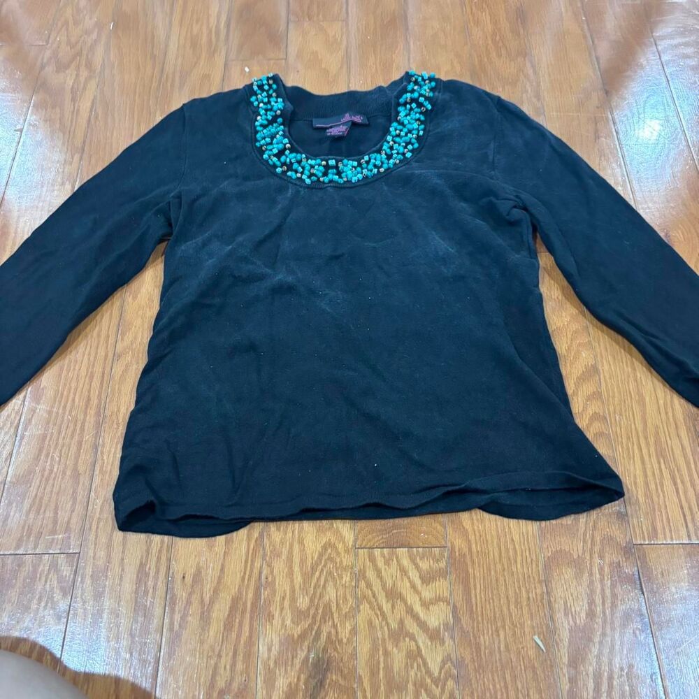 WILLI SMITH Women's Black Long Sleeve Blouse Turquoise Beaded Collar Size S CB